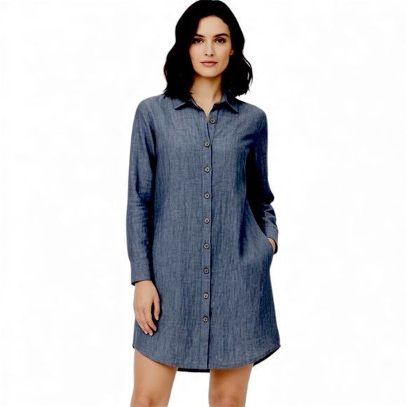Flax Dresses & Skirts - Flax 100% Linen Dark Chambray Long Sleeve Button Up Linen Shirtdress